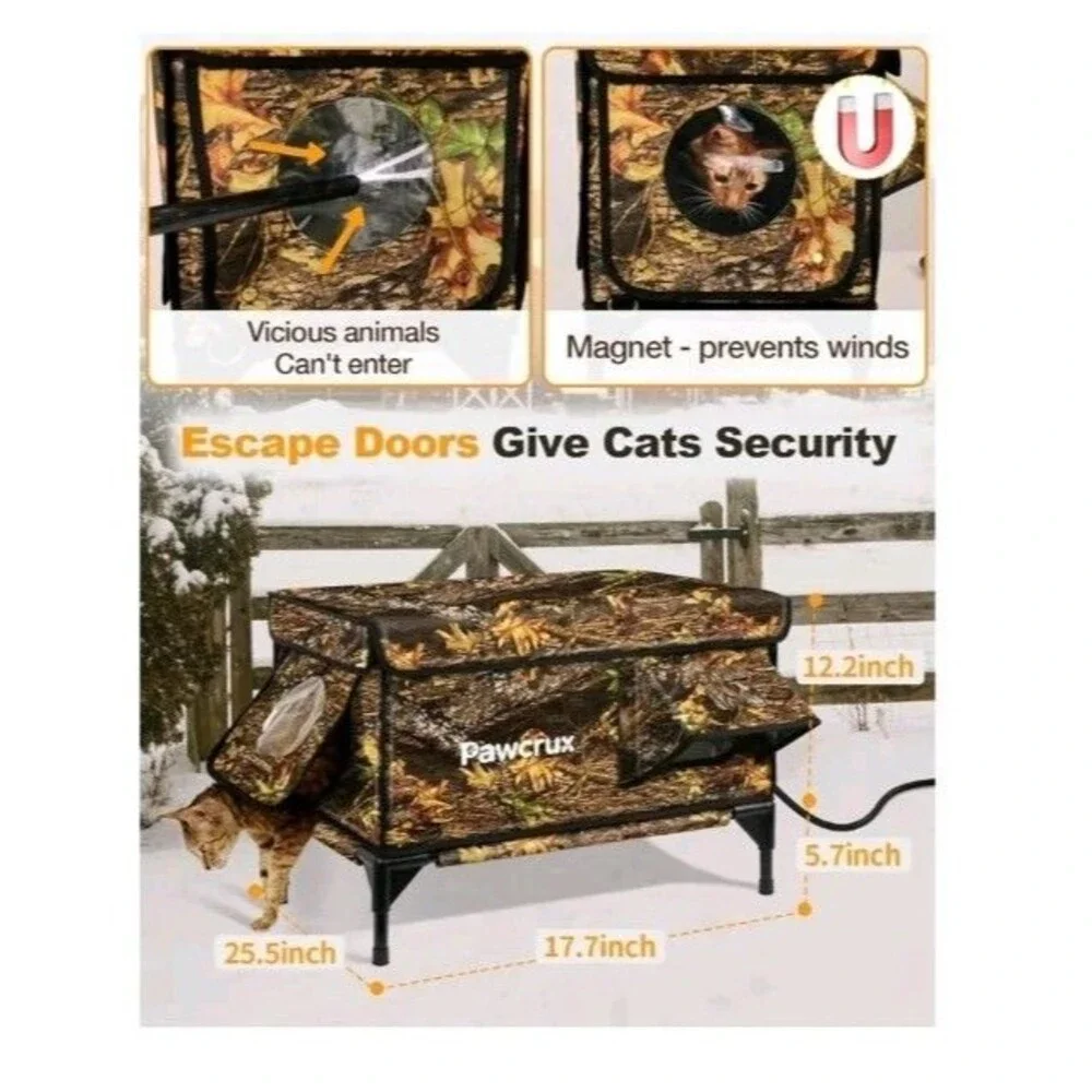 Raised Insulated Weatherproof Heated Cat House for Outdoor with Escape Door